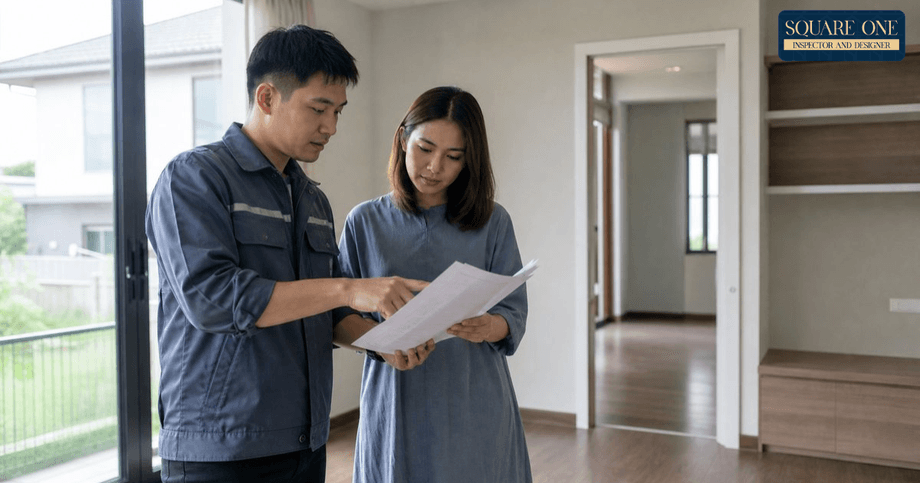 สถาปนิกผู้ตรวจบ้านและลูกค้ากำลังดูเอกสาร Defect List