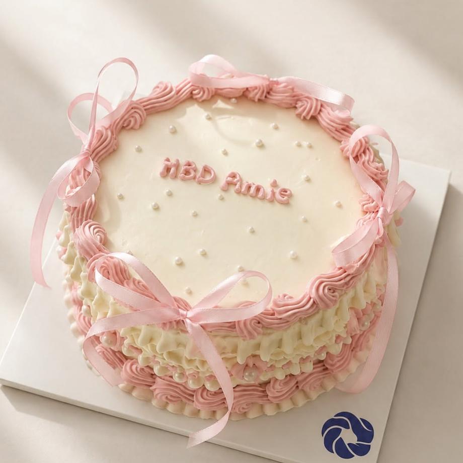 Minimal Cake ตกแต่งด้วยโบว์สีชมพู เค้กโทนขาวชมพู พร้อมกับข้อความสีชมพู คลุมโทนความน่ารักสุดๆ 